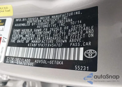 2015 Toyota Camry Xle from USA, damaged, VIN 4T4BF1FK7FR454707